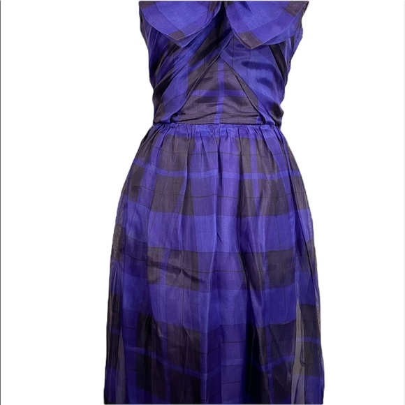 Vintage Albert Nipon Boutique 100% Silk Purple Plaid Bow Strapless Dress Size 6 - Picture 6 of 15
